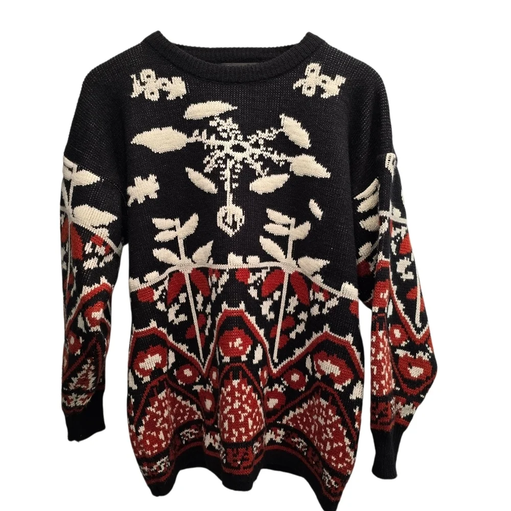 OuFeeiLiH Black and Red Patterned Sweater Size L - Picture 3 of 10
